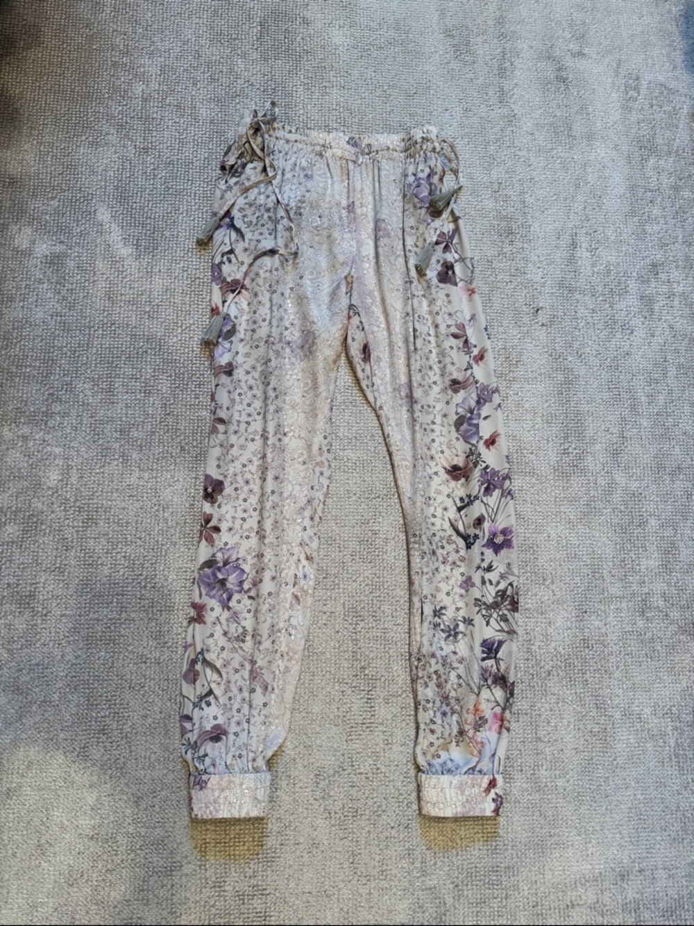 Elie Tahari Silk Drawstring Jogger Pants in Ivory and Lavender